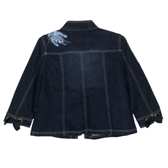Hand-painted Blue & White Floral Dark Denim Jean Jacket Rivets & Bows - Size L - Picture 2 of 5